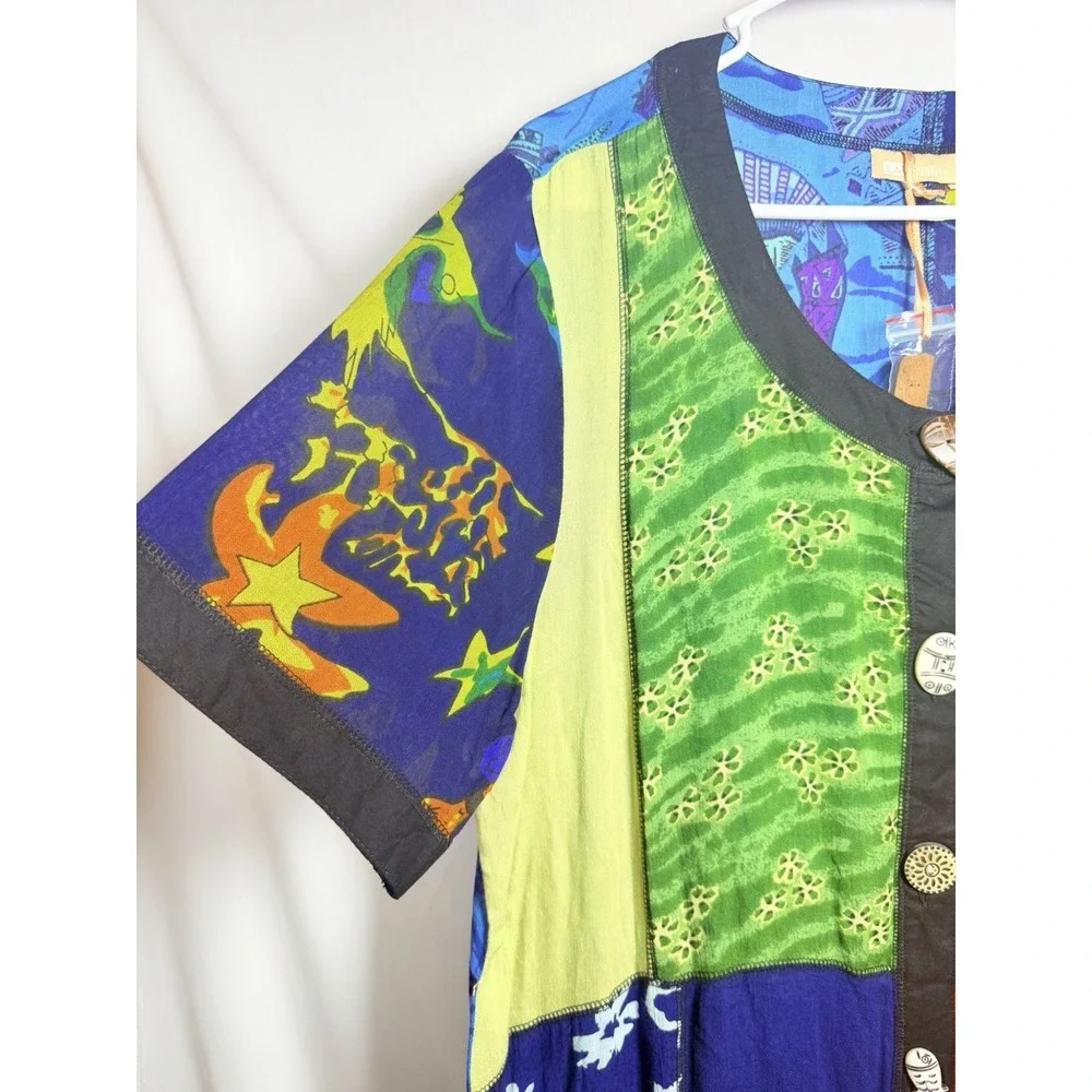 La Cera Vintage 90s Patchwork Rayon Dress Womens Large NWT Art To Wear Boho
